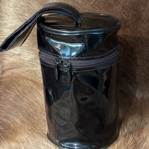 Vintage Black Patent Vinyl Cylinder Cosmetic Case Makeup Bag Retro Mod Gothic
